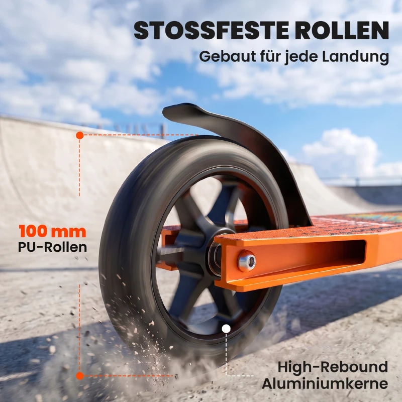 SPORTNOW Stuntstep voor volwassenen en jongeren, trickstep met 100 mm PU-wielen, 360° stalen Y-stuur, aluminium deck, ABEC-7, oranje