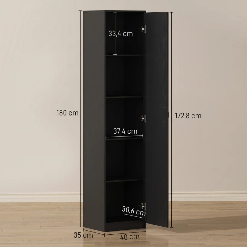 HOMCOM Armadio da Cucina Slim a 5 Ripiani con Spazio Interno Regolabile, in Legno, 40x35x180 cm, Nero