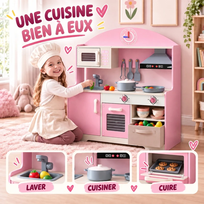 AIYAPLAY Cuisine Enfant avec Lumières et Sons, Cuisine de Jeu avec Tiroir en Tissu et 5 Accessoires, pour Enfants 3-6 Ans, Rose
