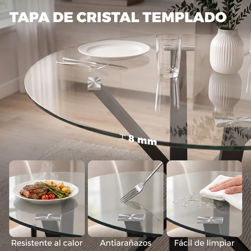 HOMCOM Mesa de Comedor Redonda para 4 Personas Ø80 cm Tablero de Vidrio Templado Patas Cruzadas de Acero Transparente