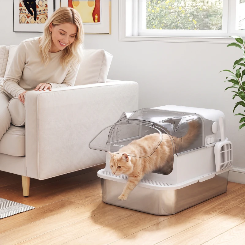 PawHut Arenero para Gatos de Acero Inoxidable XXL con Tapa Extraíble 3 en 1 Borde Alto Pedal Pala Diseño Desmontable Blanco