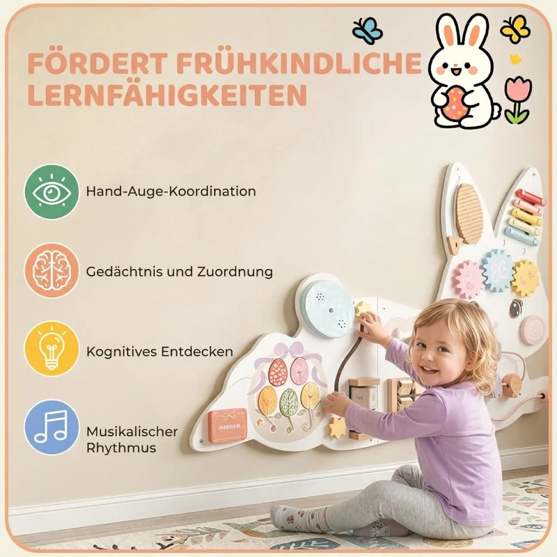 AIYAPLAY Montessori tablica motoryczna 12-in-1 drewniane Busy Board w kształcie zajączka, montowana na ścianie, z ksylofonem i kołami zębatymi, 1,5-6 lat