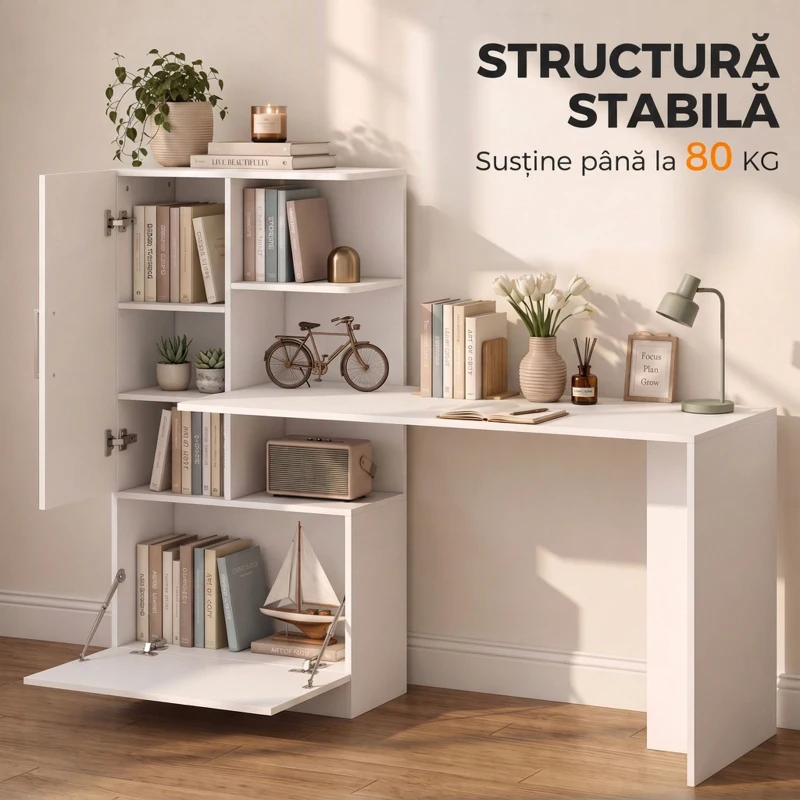 HOMCOM Birou pentru calculator cu bibliotecă și dulap, 150 cm, alb