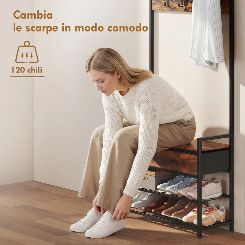 HOMCOM 5 in 1 Appendiabiti da Terra 181.5cm con Panca Portascarpe, 10 Ganci, Struttura in Metallo, Marrone Rustico