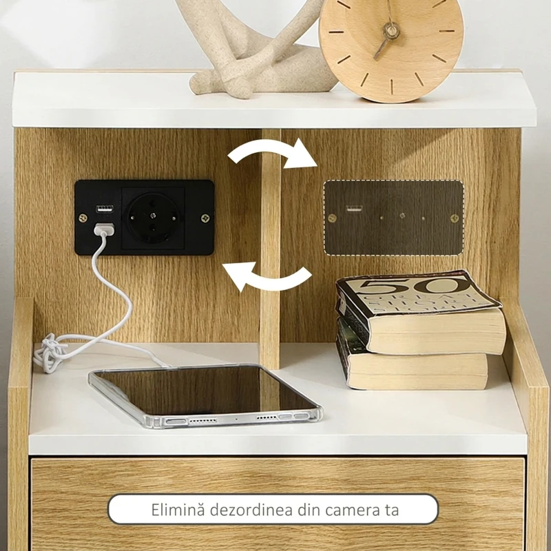 HOMCOM Noptieră modernă cu 2 prize, 2 porturi USB și sertar din PAL, 40x40x60cm, culoare lemn