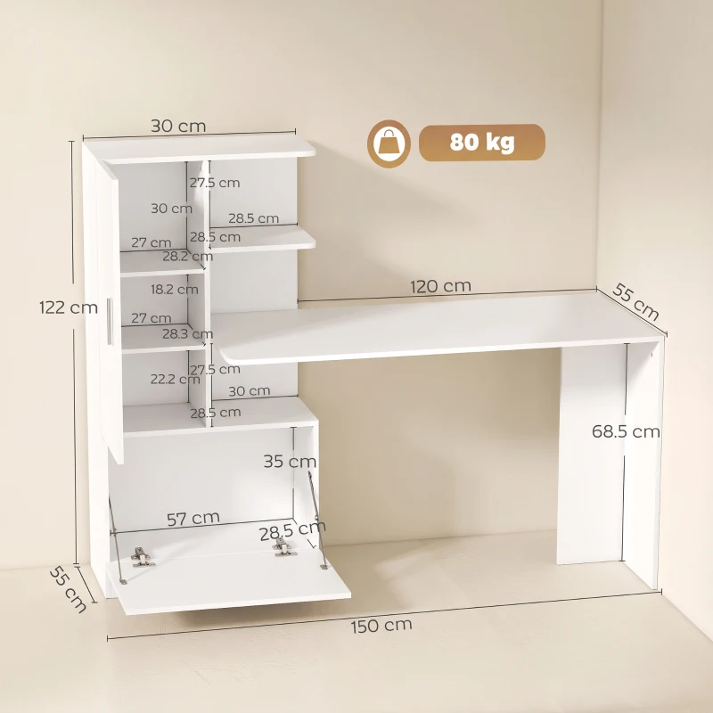HOMCOM Birou pentru calculator cu bibliotecă și dulap, 150 cm, alb