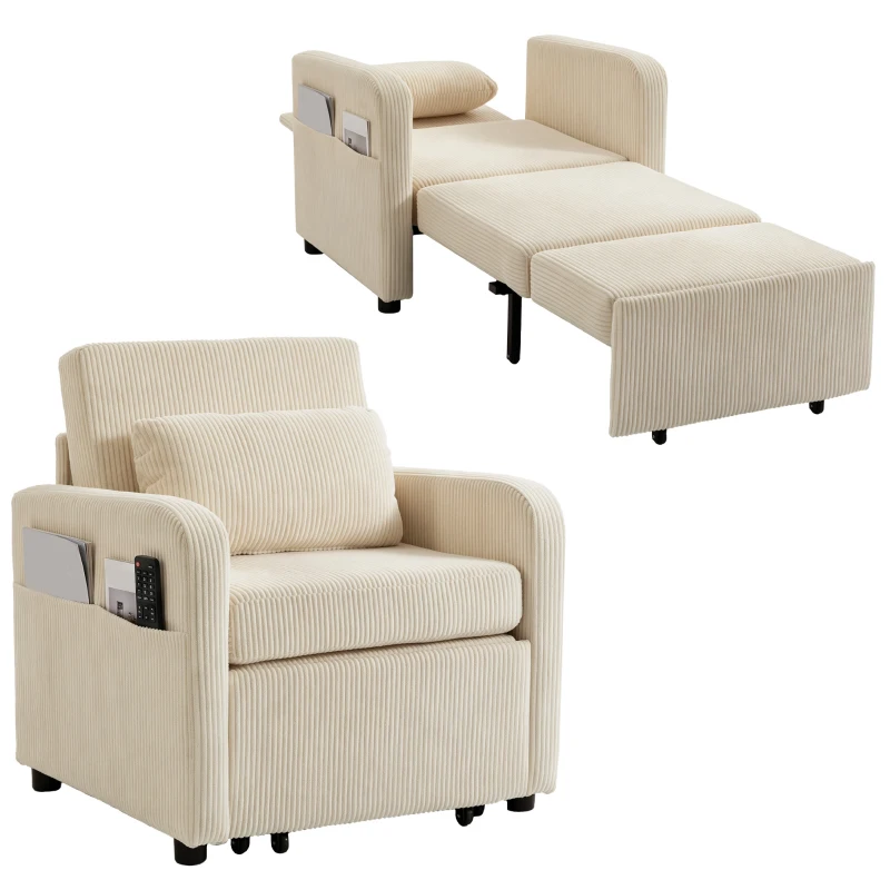 HOMCOM Schlafsessel 1-Sitzer Convertible 3-in-1 in Leinenoptik mit verstellbarer Rückenlehne abnehmbarem Kissen für Wohnzimmer Schlafzimmer Beige