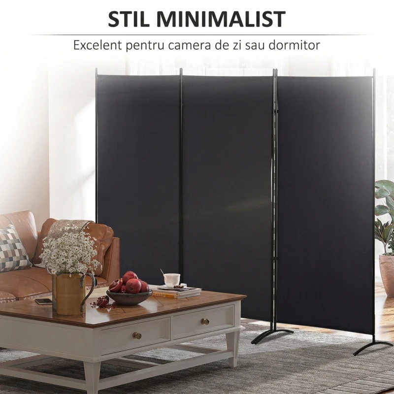 HOMCOM Paravan pliabil de interior cu 3 panouri, realizat din metal și poliester, 253x50x182 cm, negru