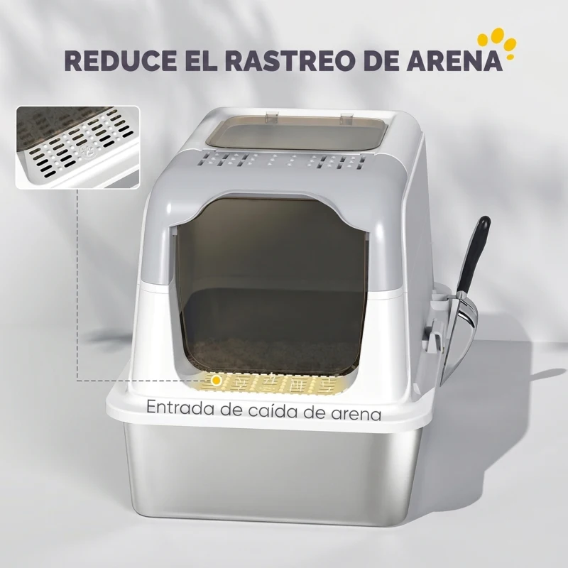 PawHut Arenero para Gatos de Acero Inoxidable XL con Tapa Abatible Caja de Arena Cerrada Borde Alto 2 Entradas Pala Metálica