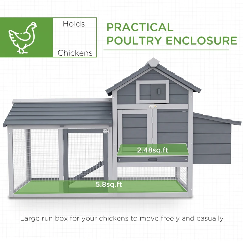 PawHut Small Chicken Coop with Nesting Box & Run, Hen House Poultry Coops Cages for 1-2 Chickens Grey 150.5 x 54 x 87cm