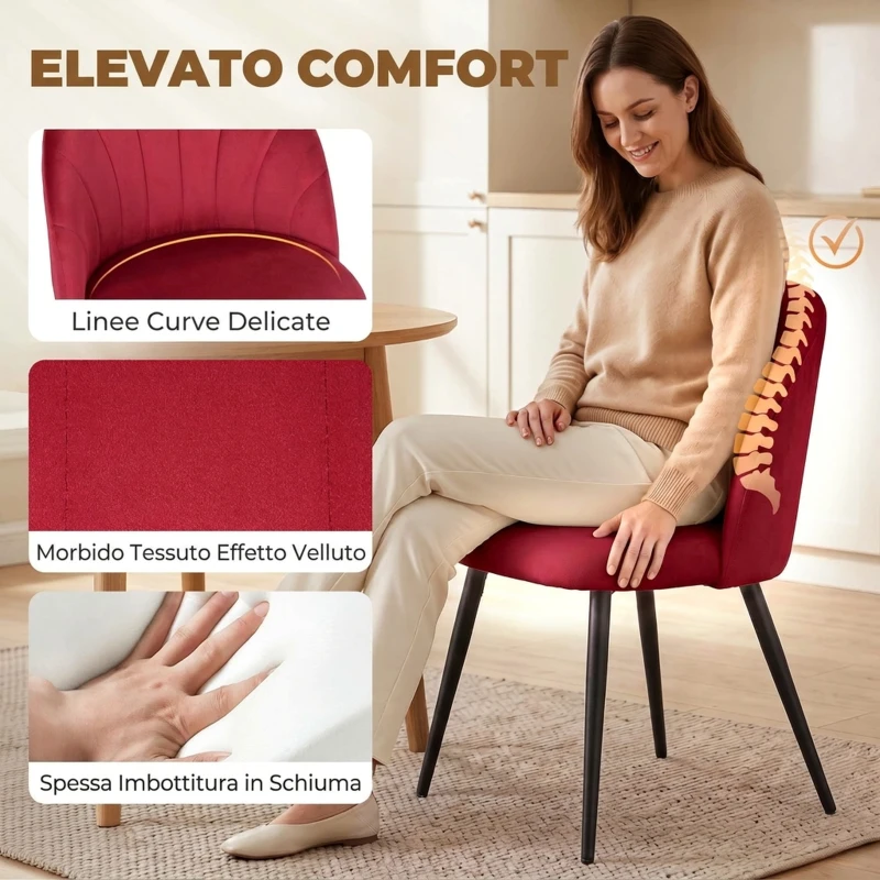 HOMCOM Set 2 Sedie da Pranzo Imbottite con Schienale a Conchiglia in Velluto, 52x55x79 cm, Rosso Vino