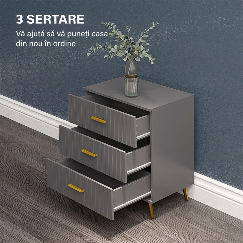 HOMCOM Comodă modernă cu 3 sertare din lemn și aluminiu, 60x40x71,5 cm, auriu și gri închis