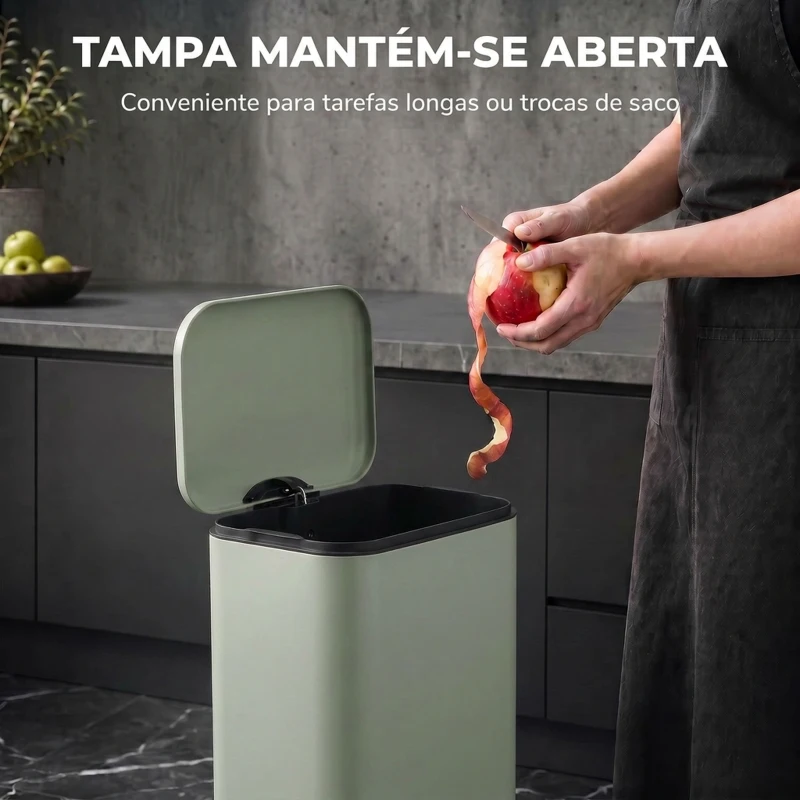 HOMCOM Caixote do Lixo de Cozinha 20 L em Aço Galvanizado com Tampa de Fecho Suave, Pedal, Balde Removível e Acabamento Anti-impressões Digitais Verde-Claro