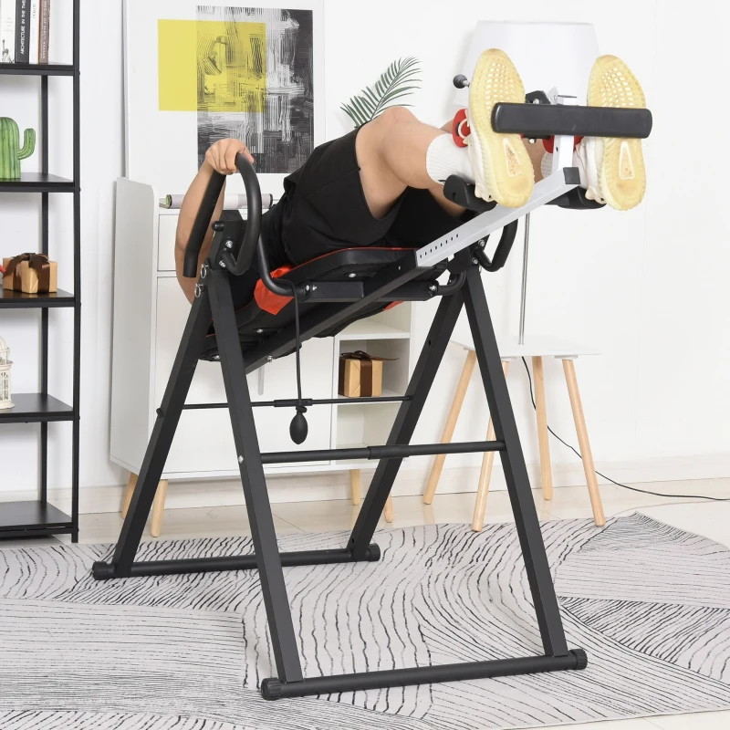 HOMCOM Bancă de Inversiune cu Unghi și Înălțime Reglabile și Tetieră, din Oțel și Plastic, 79x114x153 cm, Roșu și Negru