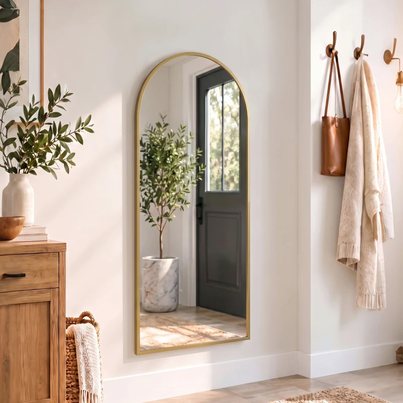 HOMCOM 40 x 110 cm Full Length Hanging Mirror, Arched Mirror with Adjustable Hooks, Over-the-Door or Wall-Mounted, Gold Tone