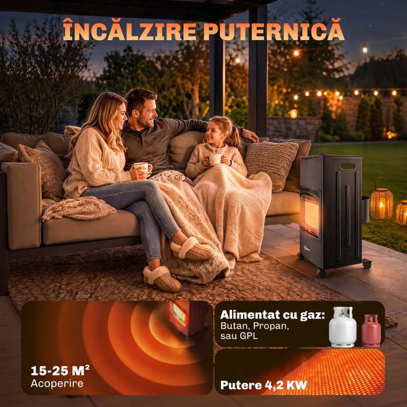 Outsunny Sobă pe Gaz 4,2 kW, 3 Trepte de Căldură, ODS, Oprire la Stingerea Flăcării, Anti-răsturnare