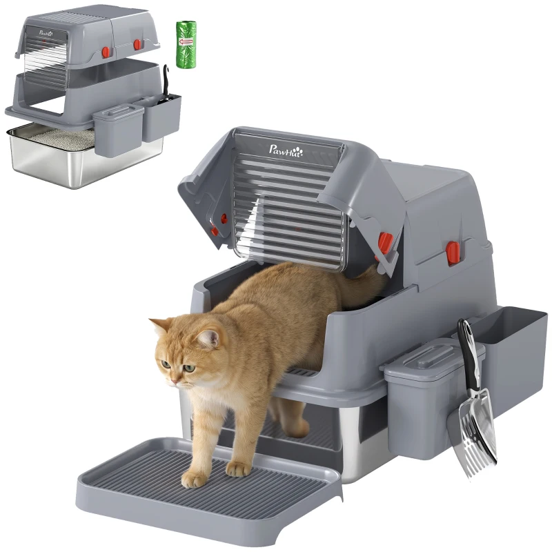 PawHut 3 en 1 Litière pour Chat Fermée Grande 49L en Acier Inox avec Couvercle, Pelle, Plateau, 2 Conteneurs, Gris