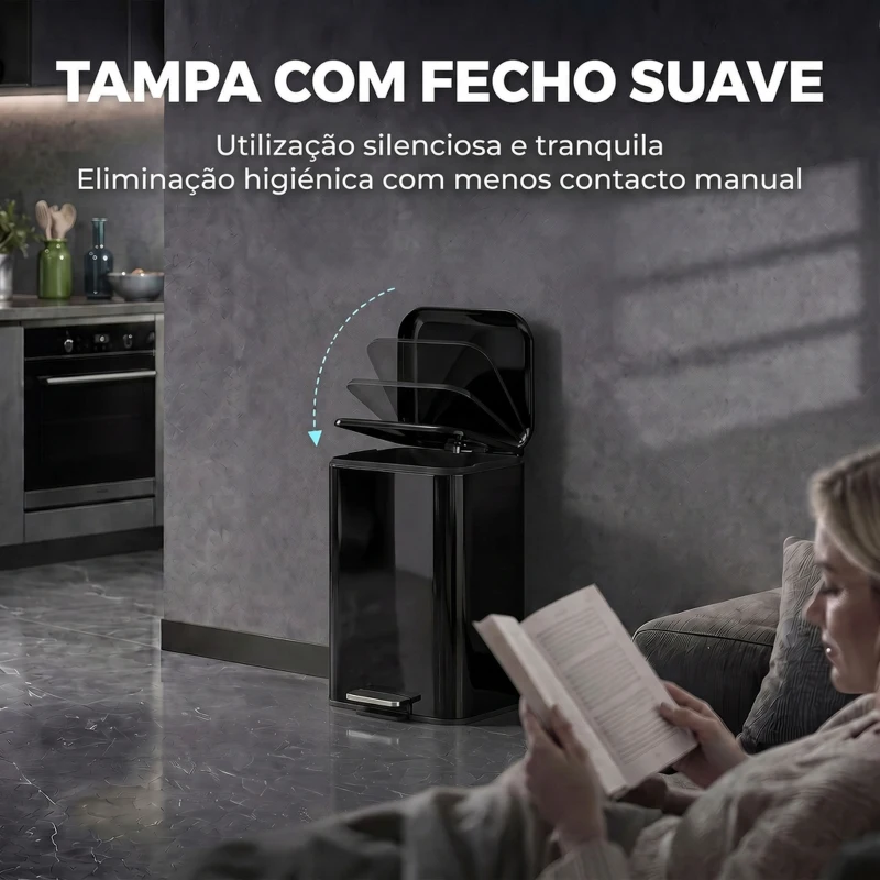 HOMCOM Caixote do Lixo para Cozinha 20 L em Aço Galvanizado com Tampa de Fecho Suave, Pedal, Balde Removível e Antiimpressões Digitais, Preto