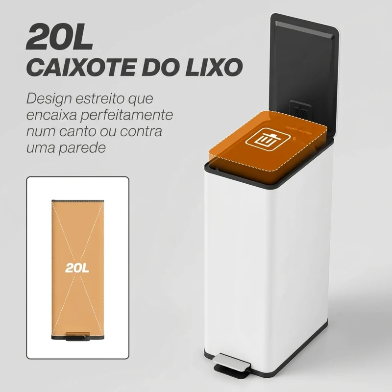 HOMCOM Caixote do Lixo de Cozinha 20 L em Aço Inoxidável com Tampa de Fecho Suave, Pedal e Balde Amovível, Branco
