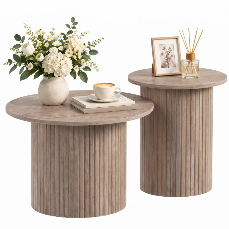 HOMCOM Lot de 2 Tables Basses Rondes en Bois, Table d'Appoint Moderne avec Base en Colonne Cannelée, Effet Bois Café Vieilli