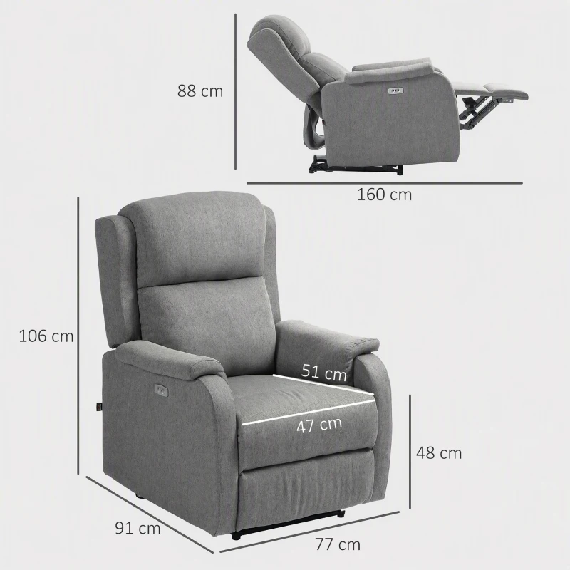HOMCOM Fauteuil Relax Électrique Reclinable avec Port USB, Gris Foncé