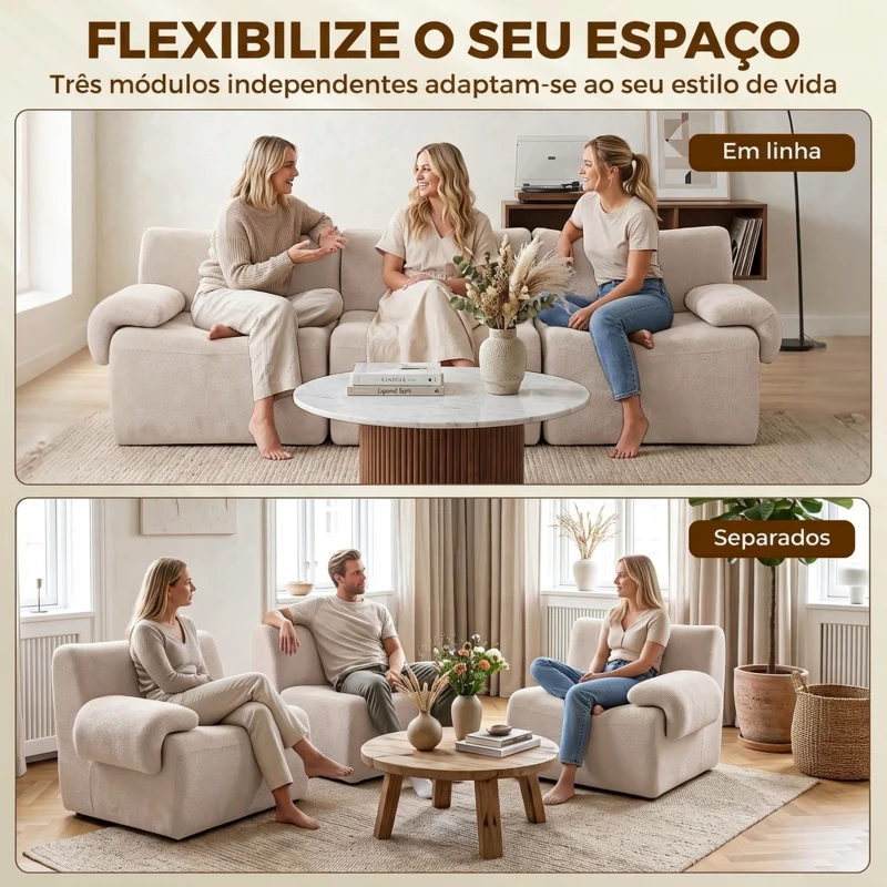HOMCOM Sofá Modular de 3 Lugares 277 cm em Chenille sem Estrutura, Assento Grosso com Molas, Largo e Profundo, sem Montagem, Bege