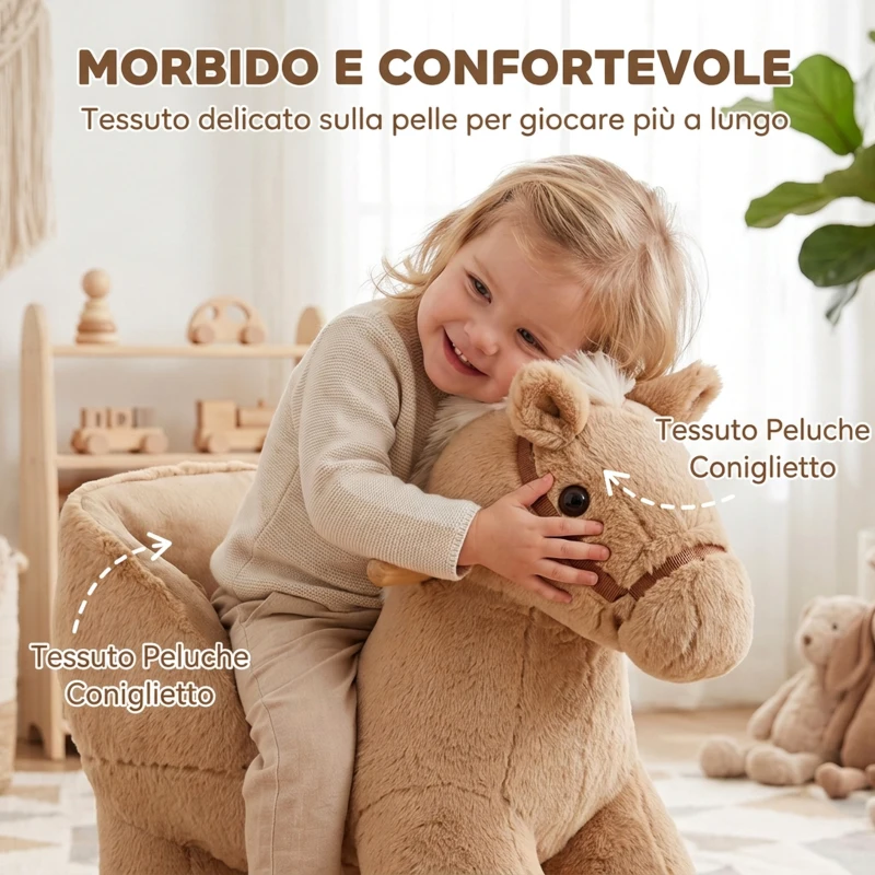 AIYAPLAY Cavallo a Dondolo per Bambini 18-36 Mesi con Suoni, Cintura di Sicurezza e Base in Legno di Pioppo, Marrone
