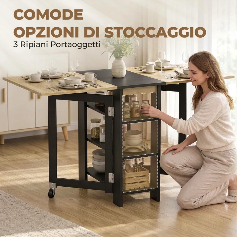 HOMCOM Tavolo Pieghevole Salvaspazio Con Ruote 2-4 Posti Rovere E Nero