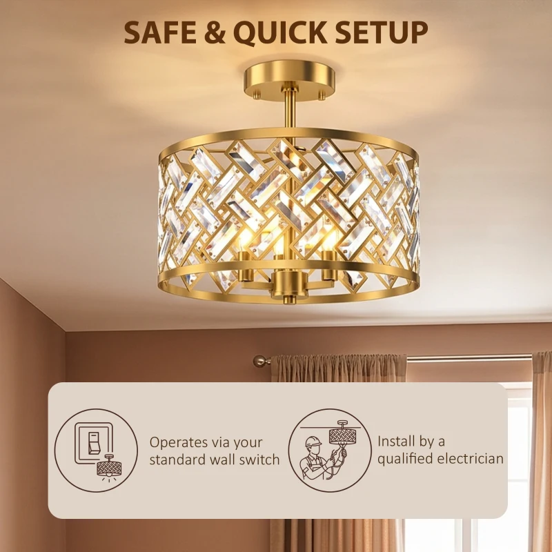 HOMCOM Plafonnier en Cristal Moderne Rond, Lustre Plafonnier avec Abat-jour, 3 Ampoules E14, Ø 39 x 34 cm, Doré