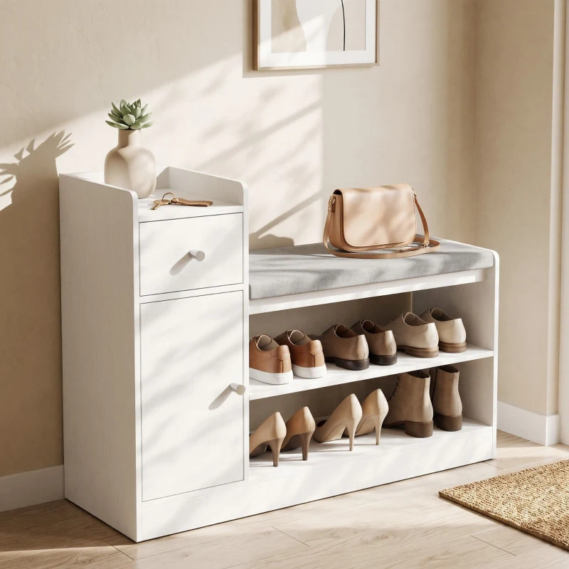 HOMCOM Schuhbank mit Sitzkissen Schublade und offenen Ablagen Flurbank 90x29,8x67,8cm Weiß