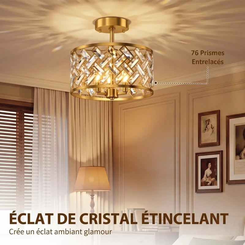 HOMCOM Plafonnier en Cristal Moderne Rond, Lustre Plafonnier avec Abat-jour, 3 Ampoules E14, Ø 39 x 34 cm, Doré