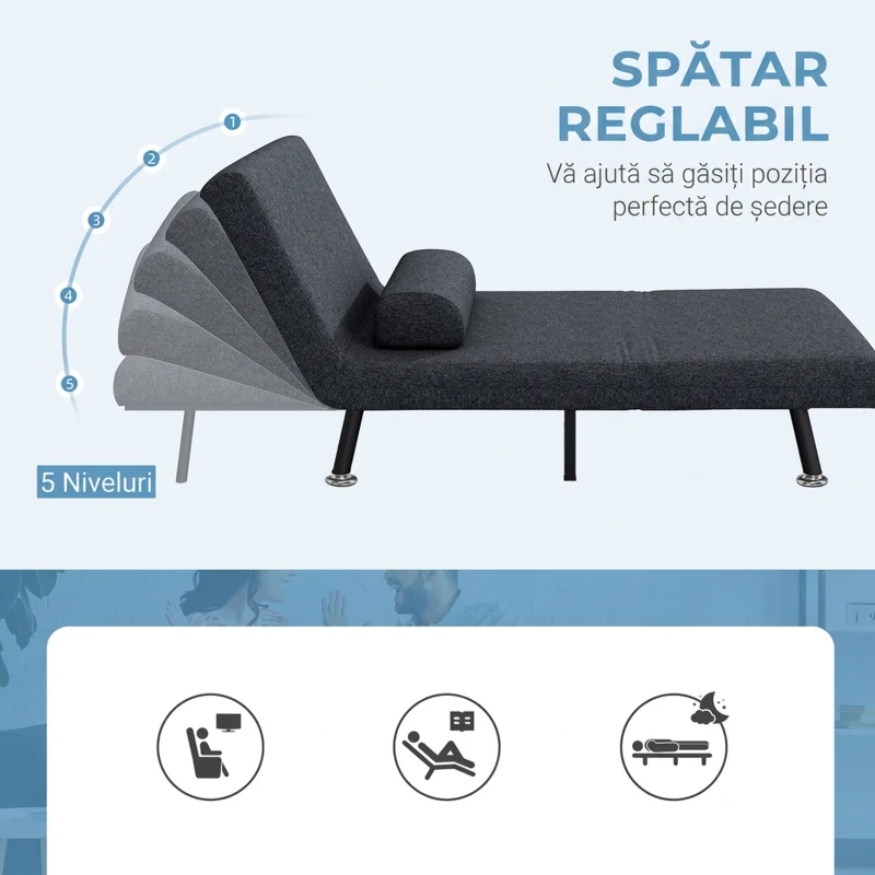 HOMCOM Fotoliu Pat 3 în 1 cu Spătar Reglabil și Pernă, din Material Textil cu Efect de In și Oțel, Gri Închis(m-5)