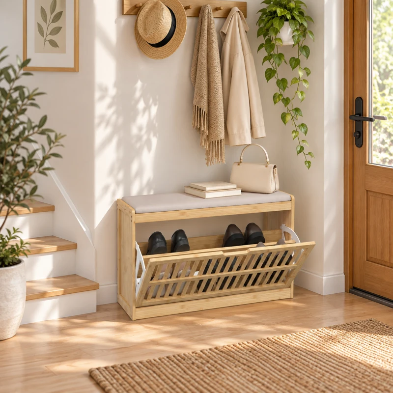 HOMCOM Schuhbank mit Sitzfläche, Bambus Schuhregal mit belüftete Kippaufbewahrung Verstellbare Ablage Sitzkissen 80 x 30 x 48cm