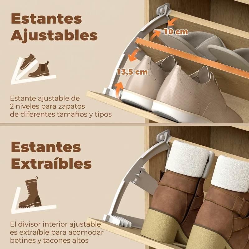 HOMCOM Zapatero Estrecho con 4 Puertas Abatibles y Estantes Ajustables para hasta 20 Pares Efecto Roble