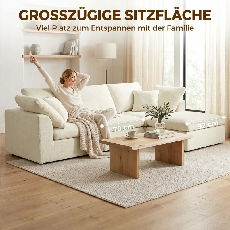 HOMCOM Modulares Ecksofa mit wendbarer Ottomane, wolkenweiches Chenille-Sofa in L-Form, breite Sitzfläche, cremeweiß