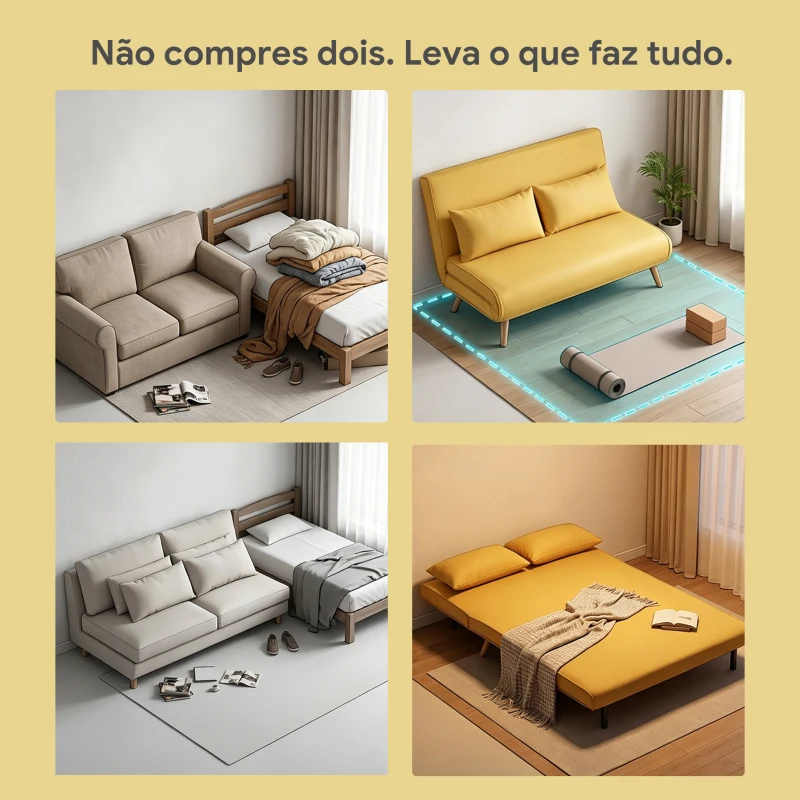 HOMCOM Sofá-Cama de 2 Lugares Dobrável Estofado em Linho com Encosto Ajustável em 5 Posições e 2 Almofadas Amarelo