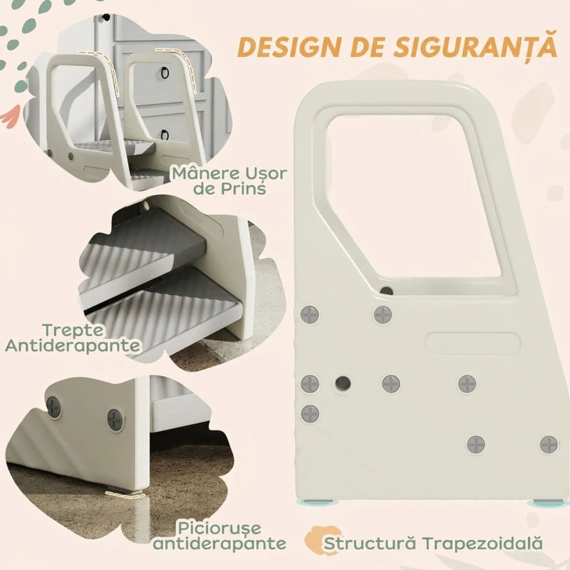 AIYAPLAY Scăunel pentru copii 2-5 ani cu 3 trepte, din HDPE, 43x42x65,5 cm, gri și alb crem