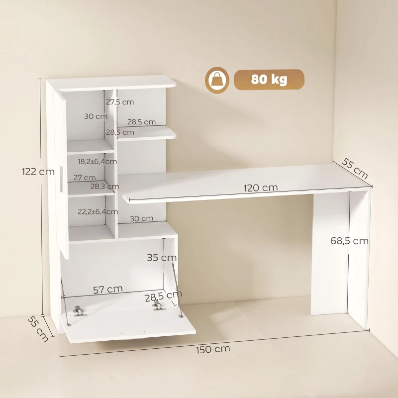 HOMCOM Scrivania per Computer con Libreria e Armadietto, 150 cm, Bianco