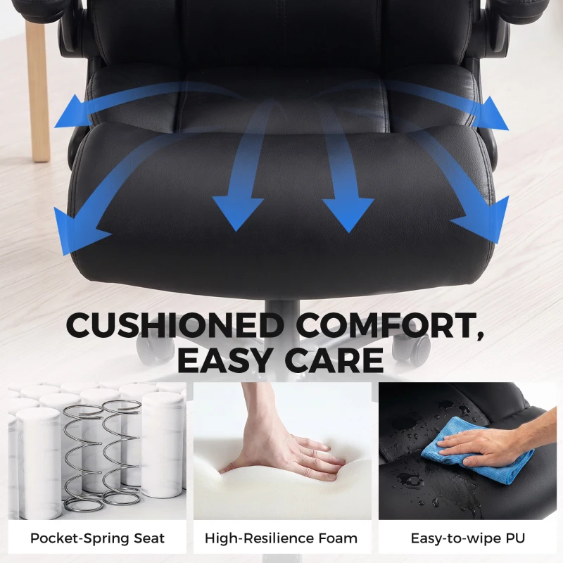 HOMCOM Office Chair, 180kg Heavy Duty PU Leather Computer Desk Chair with Flip-Up Armrests, Wide Seat, Spring Cushion, Black