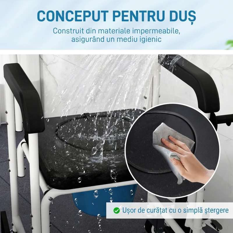 HOMCOM Scaun cu rotile cu WC impermeabil 4 în 1 cu suporturi pentru picioare rabatabile, din aluminiu și plastic, negru