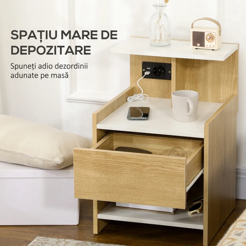 HOMCOM Noptieră modernă cu 2 prize, 2 porturi USB și sertar din PAL, 40x40x60cm, culoare lemn
