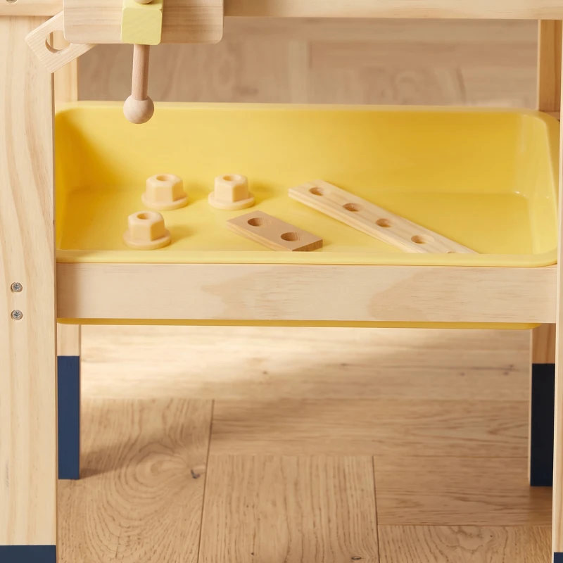 AIYAPLAY Banco da Lavoro per Bambini in Legno di Pino con 28 Accessori e Contenitore in PP, Età 3-8 Anni, Color Legno