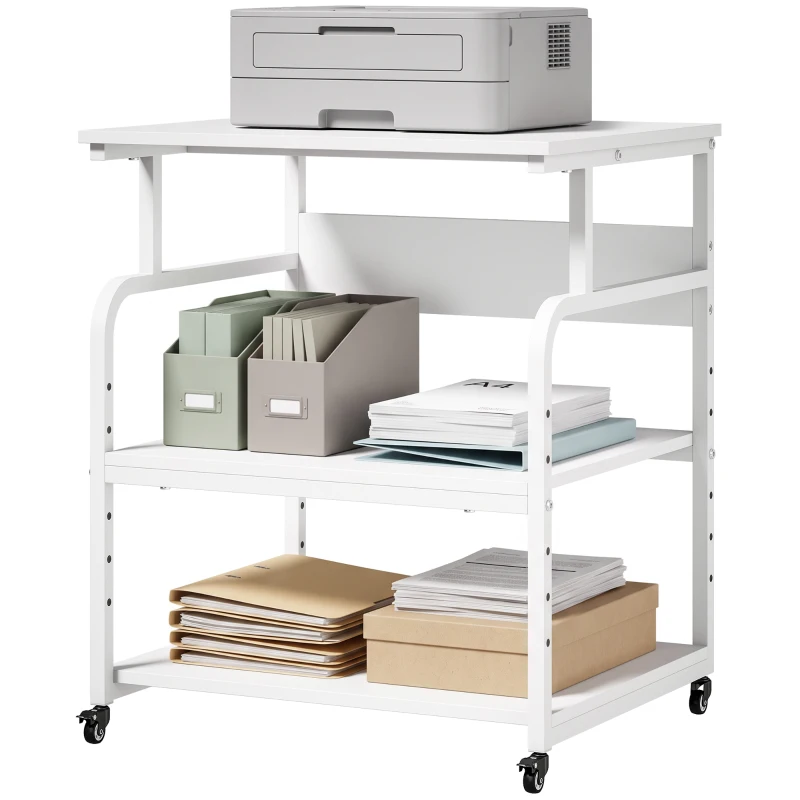 HOMCOM Soporte para Impresora con Ruedas 3 Niveles y Estante Ajustable 60x50x68 cmBlanco