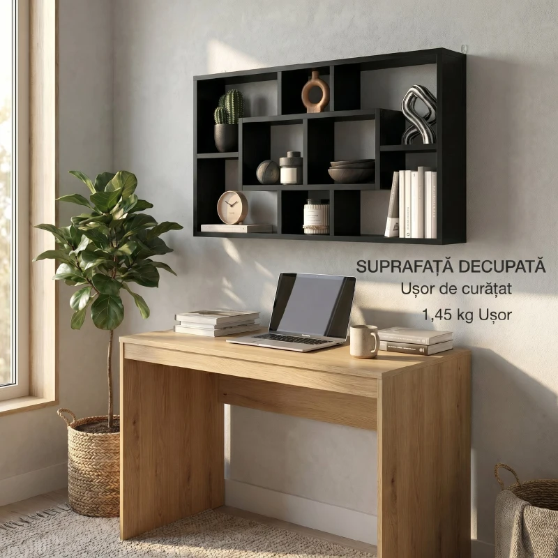 HOMCOM Etajeră de Perete cu 8 Compartimente, 85 x 14,5 x 47,5 cm, Lemn, Negru