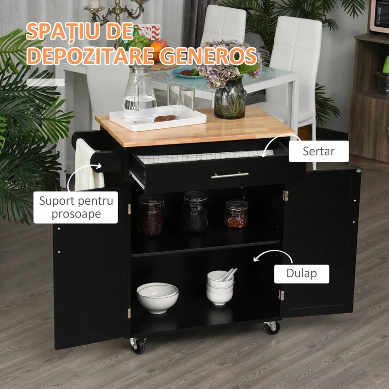 HOMCOM Dulap mobil de bucătărie cu sertar, dulap cu 2 uși, roți și bară laterală, 83x45x91.5cm, negru(m-4)