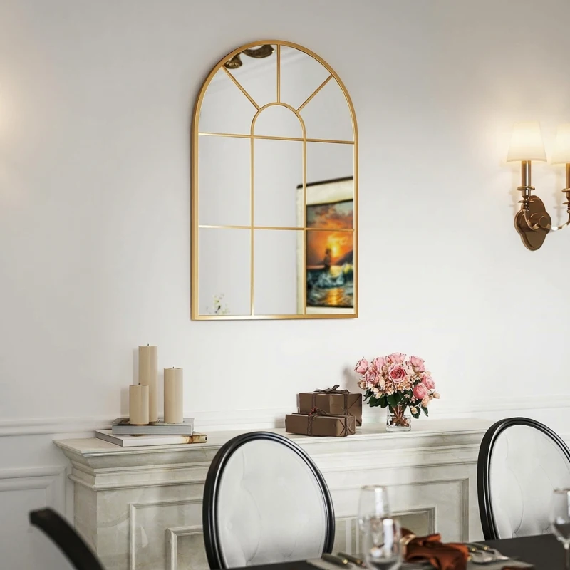 HOMCOM Oglindă de perete în formă de arc, din sticlă și metal auriu, stil modern, 91x2x60 cm