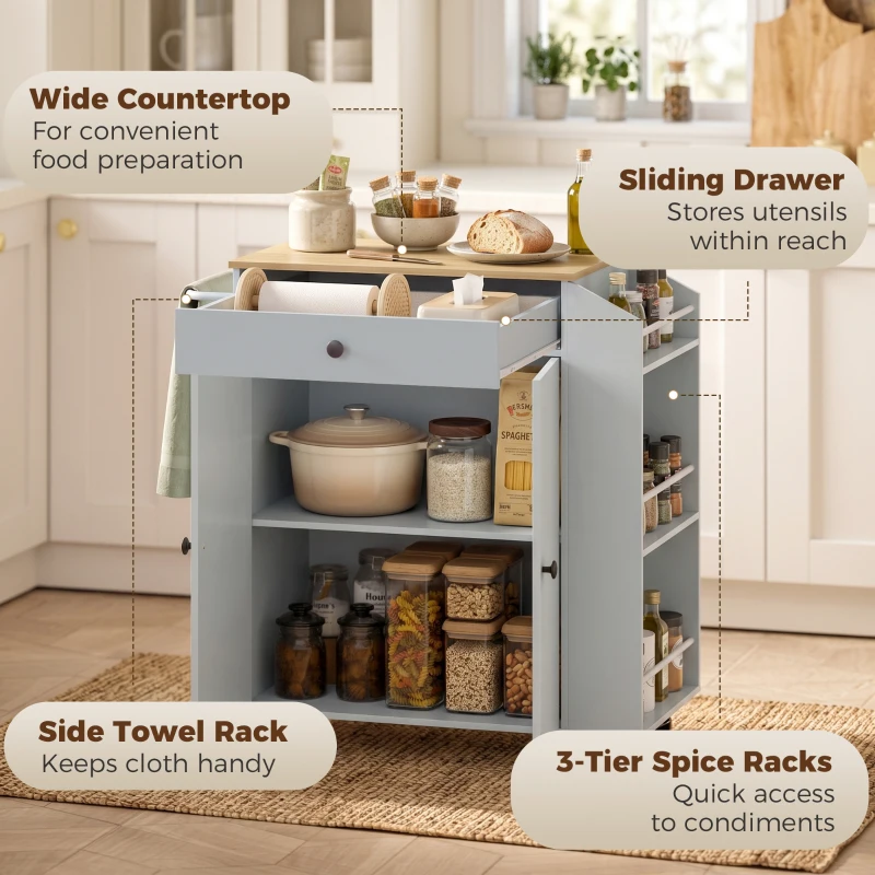 HOMCOM Rolling Kitchen Island with 3-Tier Spice Rack, Kitchen Storage Cart with Drawer and Towel Rack, Light Blue