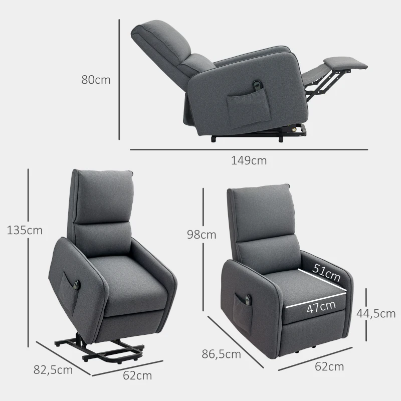 HOMCOM Elektrischer Relax-Sessel mit Aufstehhilfe in Leinenoptik, Fernbedienung, Sitz mit Federn, Fußstütze, Grau