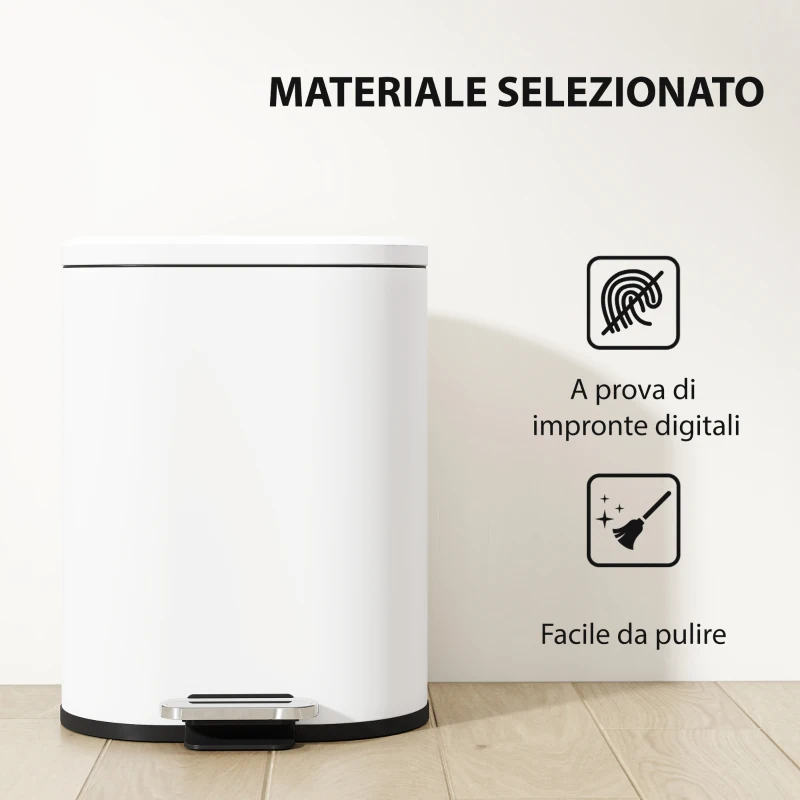 HOMCOM Pattumiera Rettangolare a Pedale 12L in Metallo con Secchio Interno Rimovibile, Chiusura Ammortizzata, Bianco