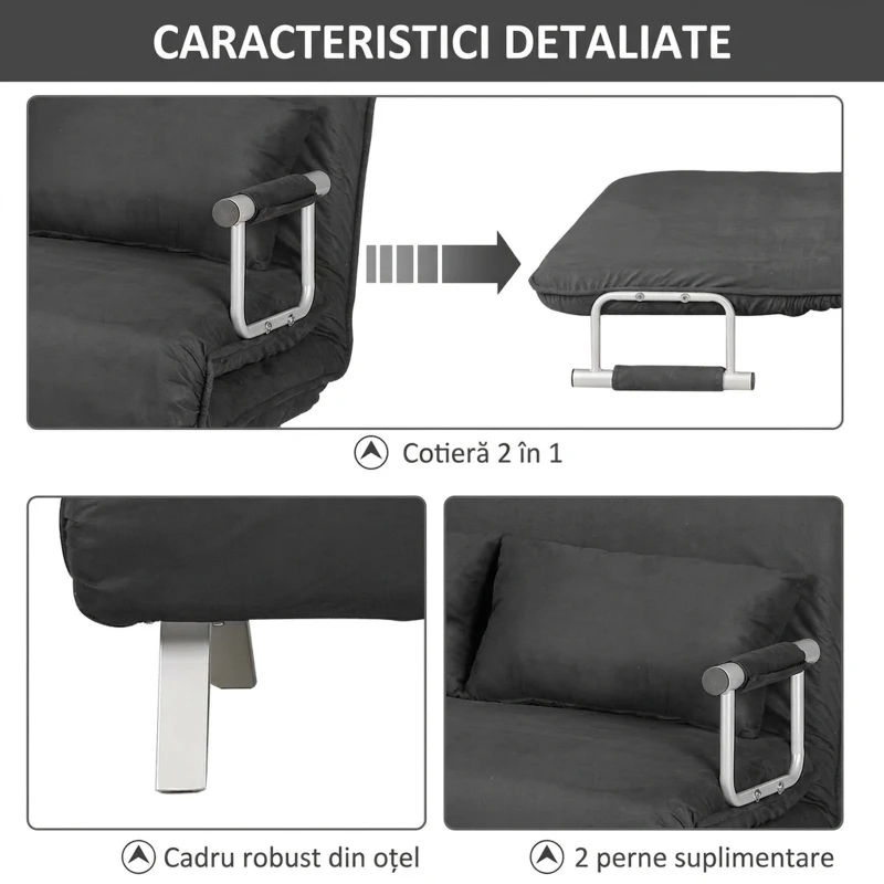 HOMCOM Canapea Pat 2 Locuri din Imitatie de Piele și Oțel cu Spătar Reglabil în 5 Poziții, 105x80x78 cm, Gri(m-5)